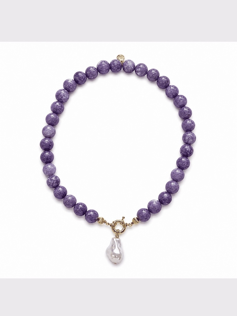 Mayamar Purple Chalcedony Beaded Necklace W/Baroque Pearl Drop 24k Plated Clasp